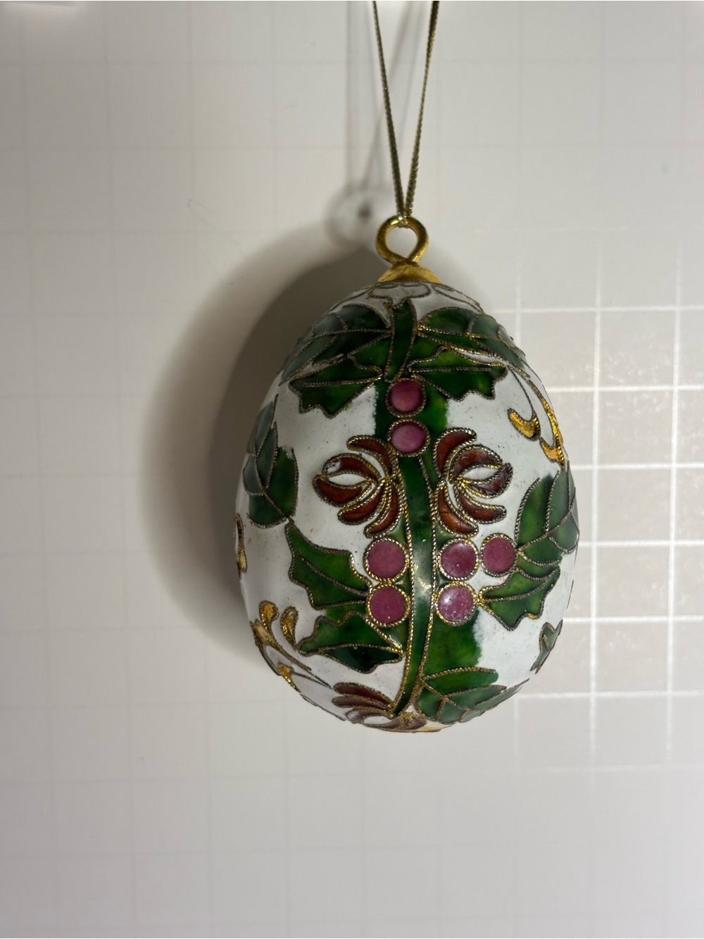 Cloisonné Holiday Ornament with Green Holly and Pink Berries